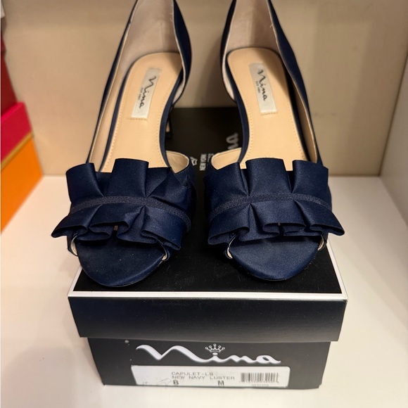 Nina Navy Satin Peep Toe Heels - Picture 1 of 3